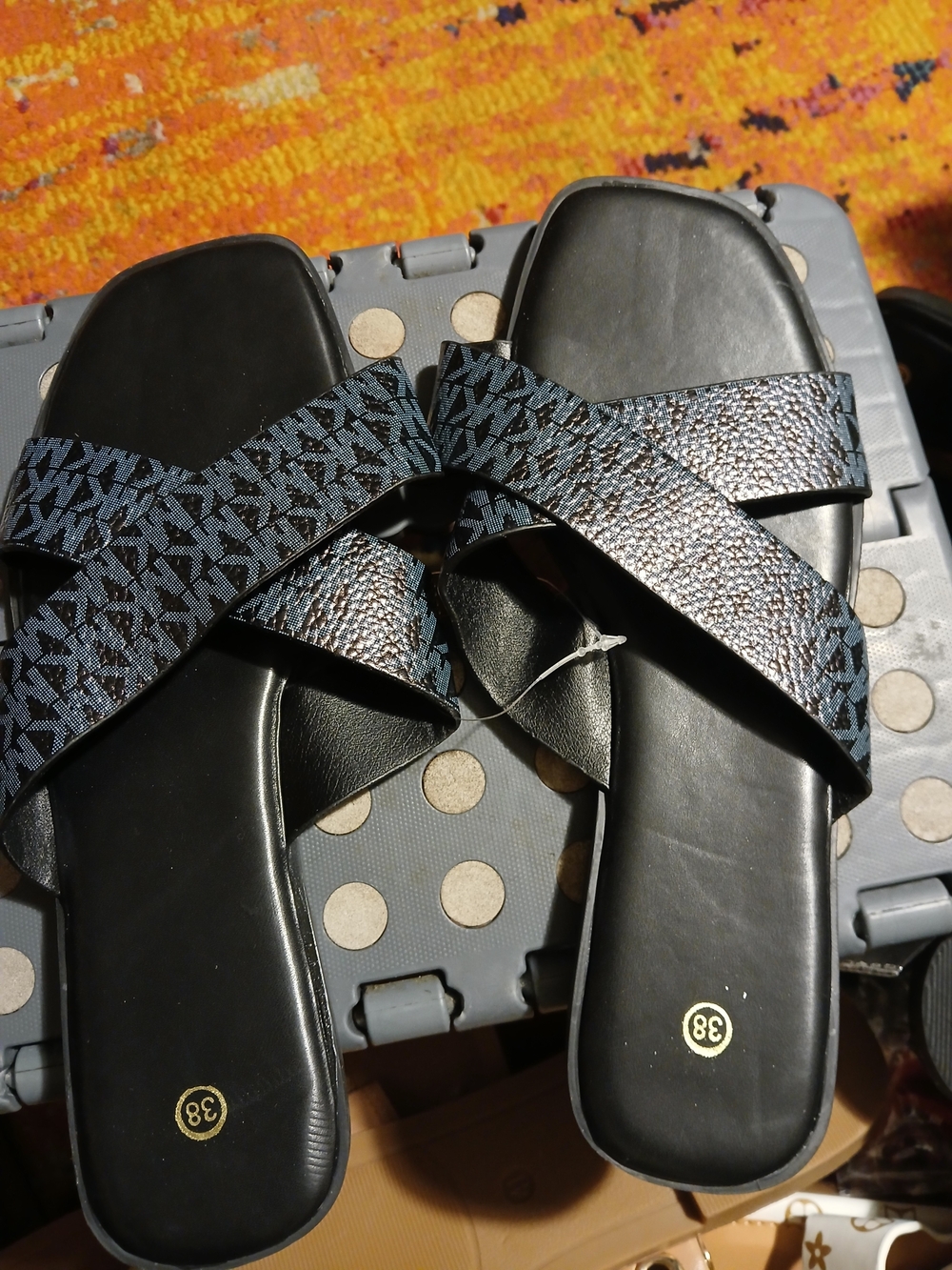 & Other Stories Black Slides with Navy Patterned Cross Straps